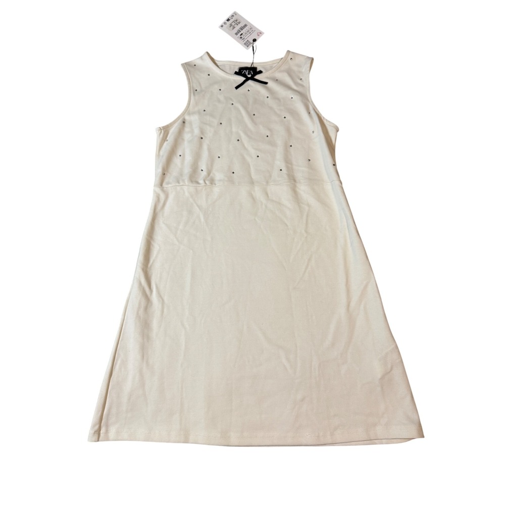 NWT Zara Size 11-12 Girl Sleeveless Off White Dress Round Neck Black Bow Stones